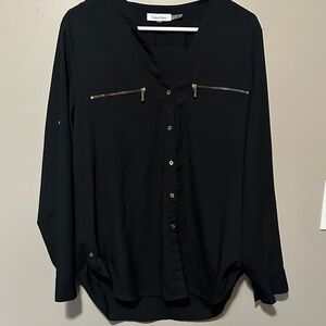 Calvin Klein Black Button-Down Blouse with Gold Zipper Accents